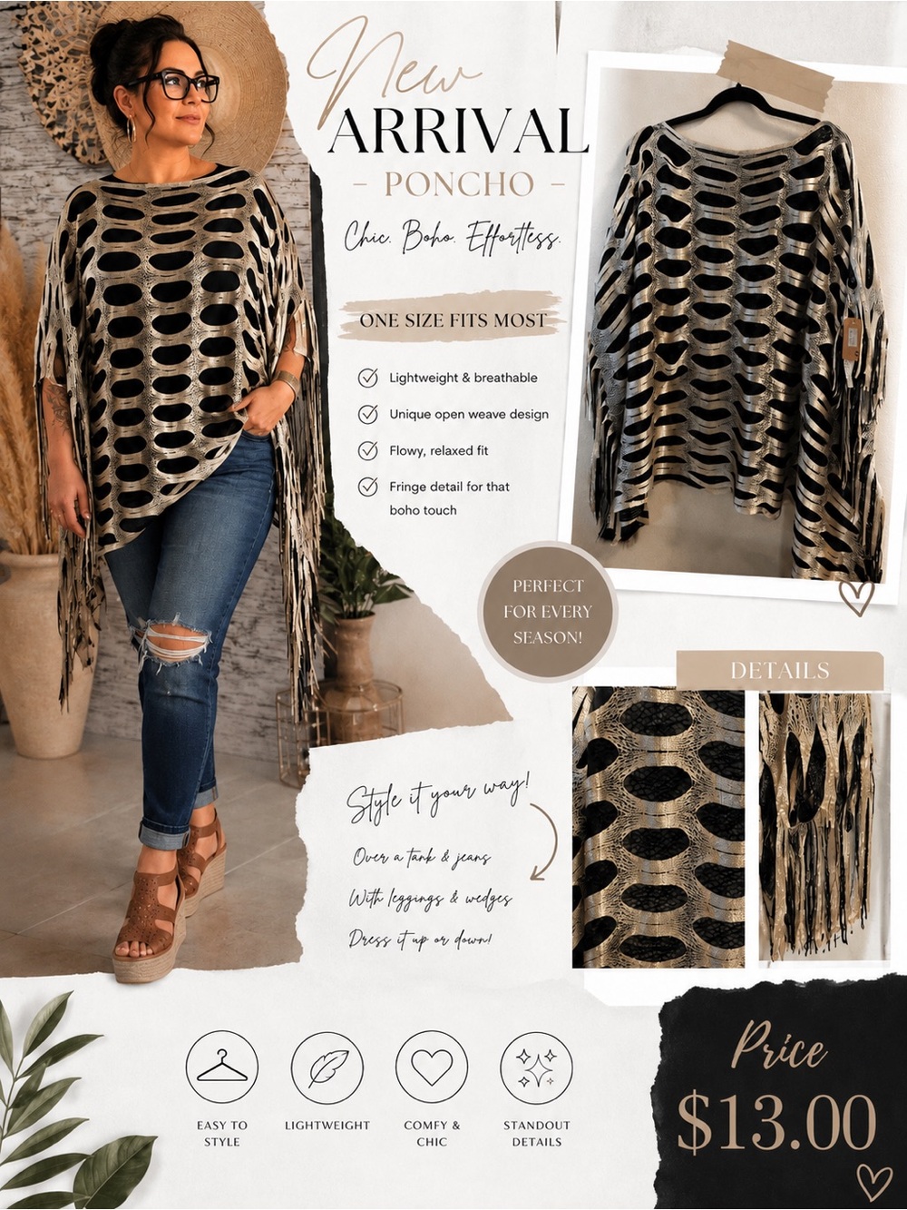 Fringe Open-Weave Poncho Sweater - Black & Gold